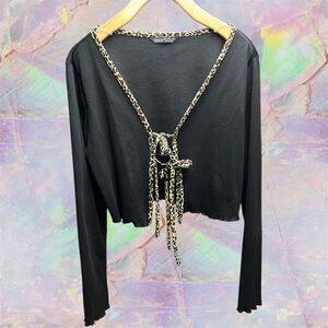 SHEIN Black Cardigan with Leopard Print Trim